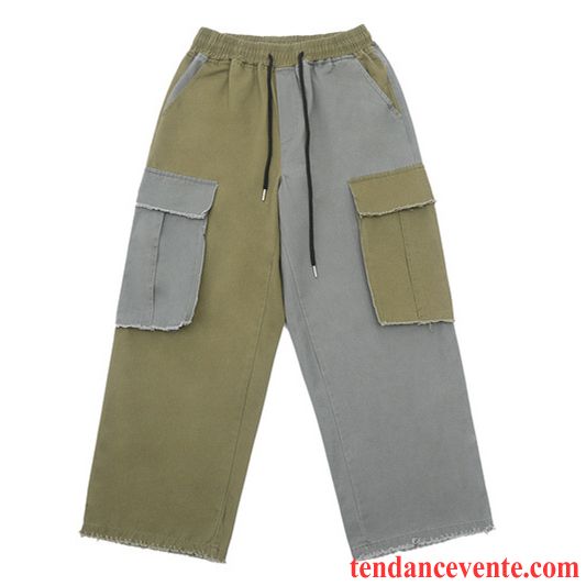 Pantalon Cargo Homme Jambe Droite Tendance Baggy Pantalons Rétro Bureau Couleurs Mixtes Vert