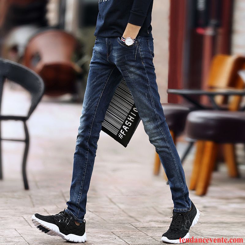 Pantalon Homme Bleu L'automne Jeunesse Homme Slim Bleu Hiver Extensible Jambe Droite Pantalon Maigre Plus De Velours