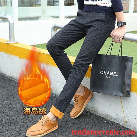 Pantalon Homme Ceinture Élastique Homme Pantalon Tendance Noir L'automne Slim Hiver Jeunesse Carreaux Plus De Velours Marron