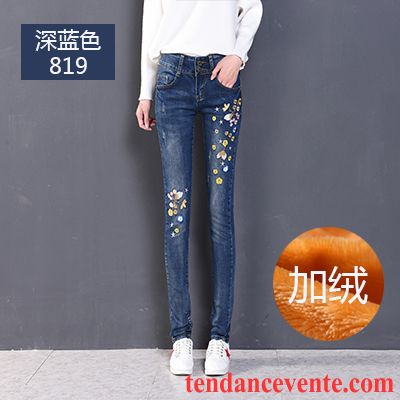 Pantalon Slim Femme Taille Haute Hiver Chauds Tendance Femme Pantalon Plus De Velours Mince Renforcé Forme Haute Cintrée Broderie Pantalons Crayon