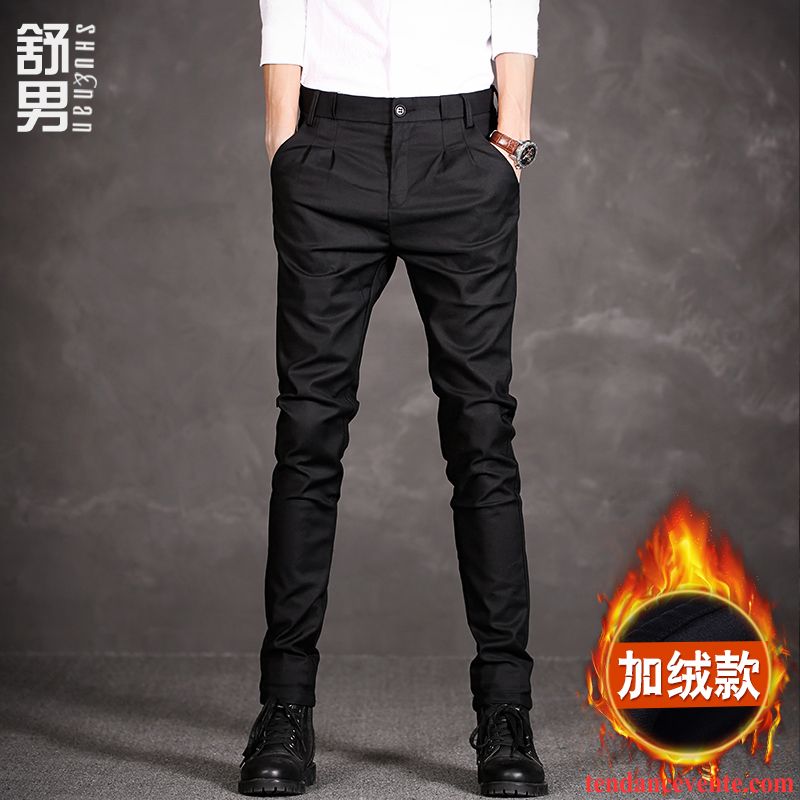 Pantalon Toile Noir Homme Maigre Jeunesse Homme Harlan Slim Plus De Velours Tendance L'automne Noir Hiver Extensible