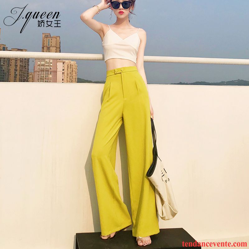 Pantalons Femme Jambe Droite Légère Été Mousseline De Soie Forme Haute Cintrée Baggy Rouge Jaune