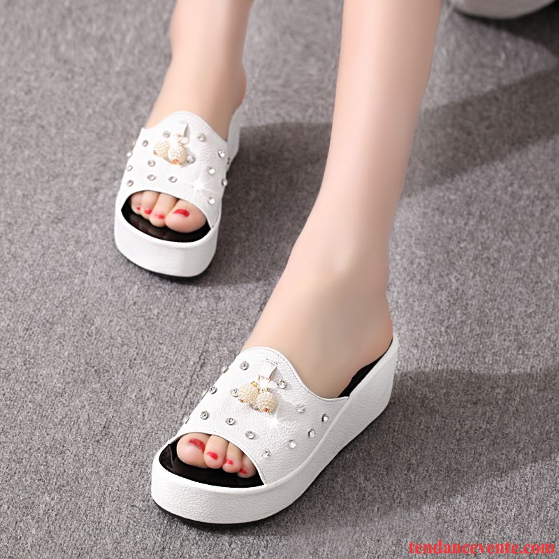 Pantoufle Femme Cuir Semelle Épaisse Talons Compensés Mode Noir Été Femme Blanc Neige Pas Cher