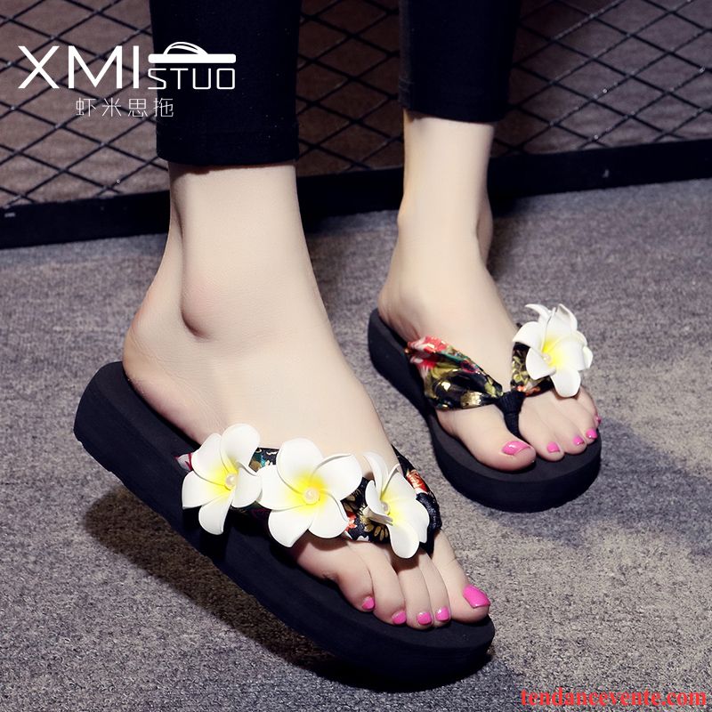 Pantoufle Femme Fantaisie Antidérapant Été Talons Compensés Femme Plage Fleur Semelle Épaisse