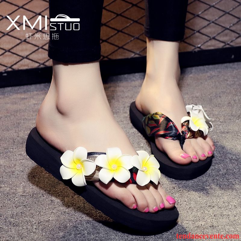 Pantoufle Femme Fantaisie Antidérapant Été Talons Compensés Femme Plage Fleur Semelle Épaisse