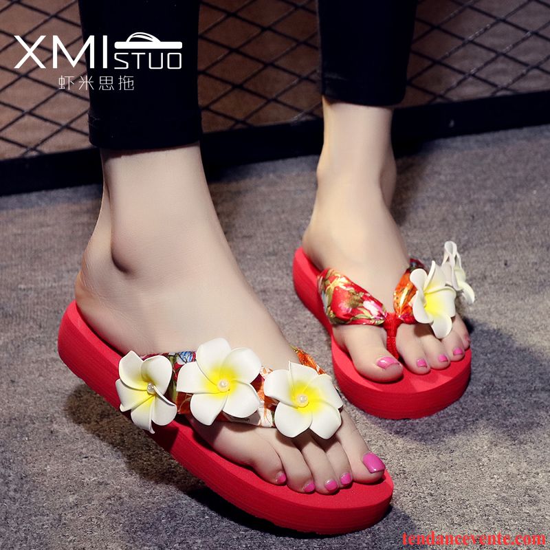 Pantoufle Femme Fantaisie Antidérapant Été Talons Compensés Femme Plage Fleur Semelle Épaisse