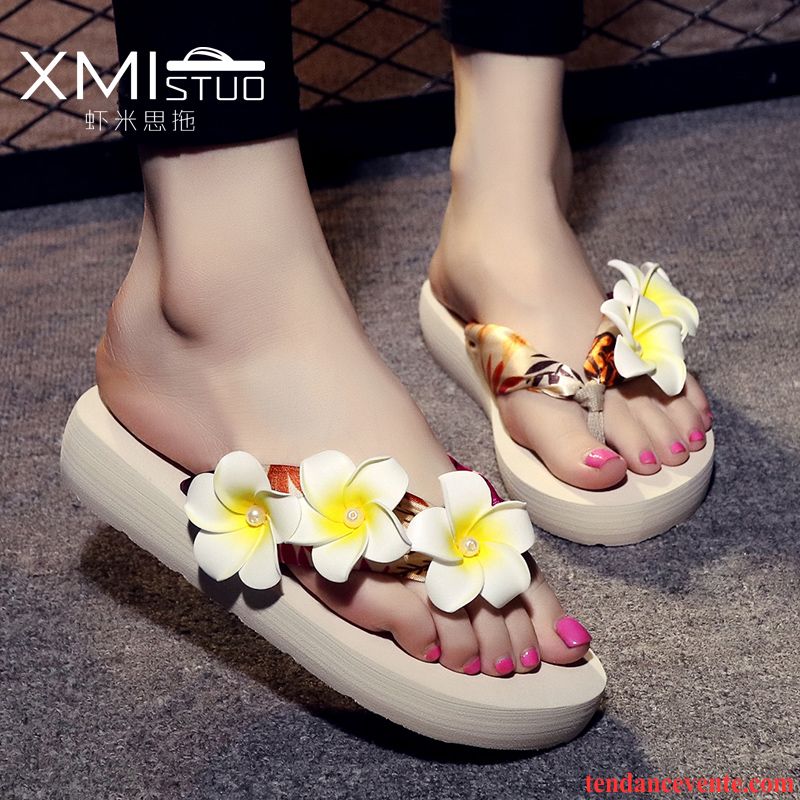 Pantoufle Femme Fantaisie Antidérapant Été Talons Compensés Femme Plage Fleur Semelle Épaisse