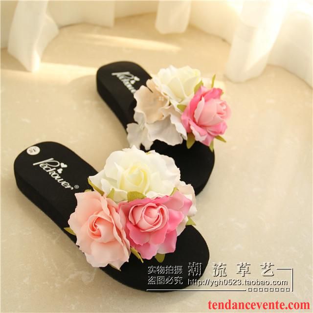 Pantoufles Femme Cuir Plage Talons Hauts Femme Livraison Gratuite Talons Compensés Antidérapant Été Semelle Épaisse Fleurs Chaussures À Plateformes