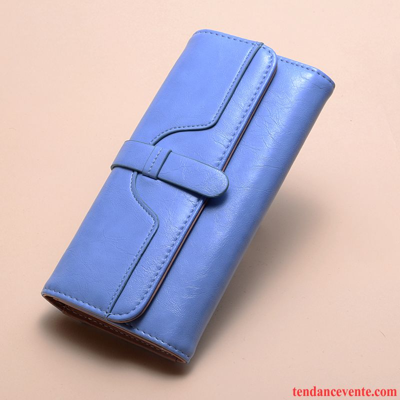 Portefeuille Femme Le Nouveau Rétro Pochette Tendance Cire D'huile Une Agrafe Bleu