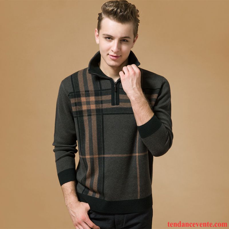 Pull En V Homme La Laine Pull Mode Fermeture Éclair Hiver Renforcé Tricots En Maille Pur Homme Haut Court Brun Pas Cher