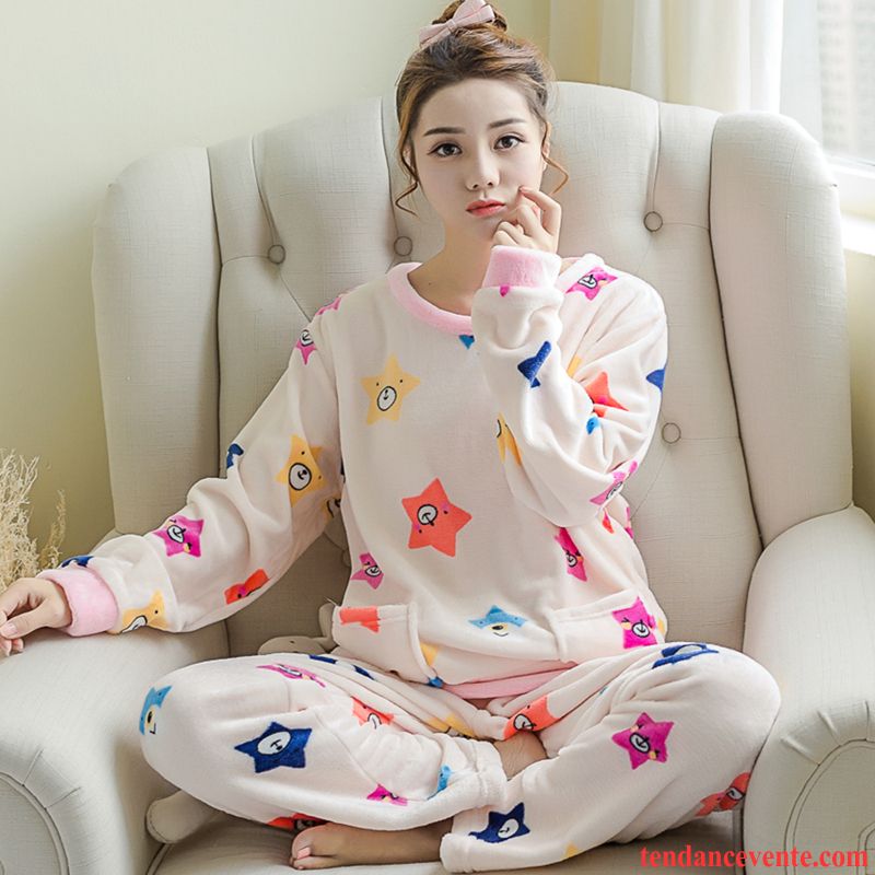 Pyjamas Blanc Taille Haute Dame Hiver Chauds Femme Longues Ensemble Dessin Animé Renforcé