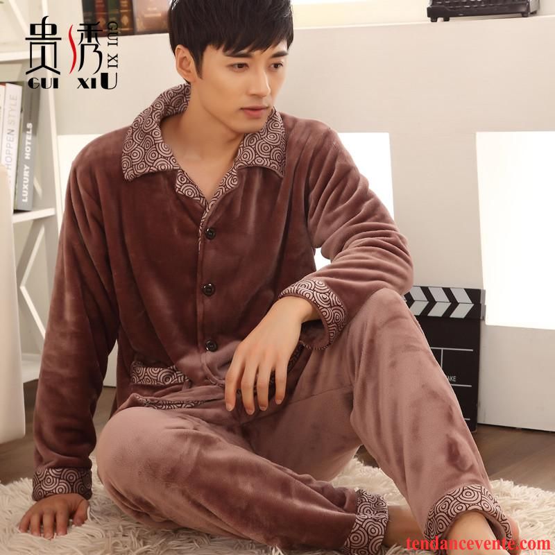 Pyjamas Coton Pas Cher Renforcé L'automne Ensemble Hiver Gros Homme Taillissime Longues Marron Pas Cher