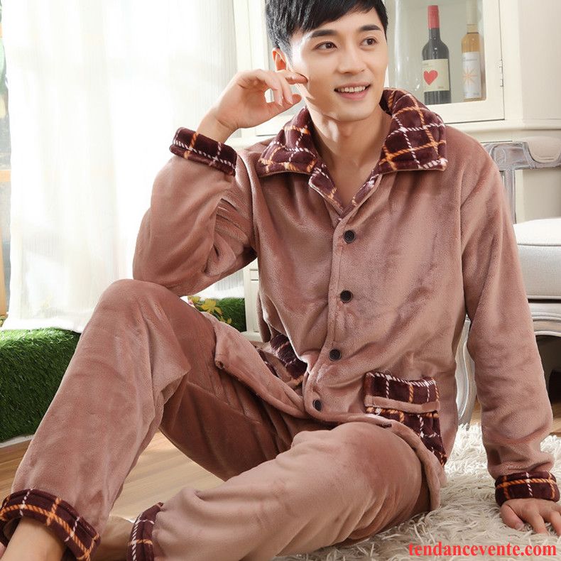 Pyjamas Coton Pas Cher Renforcé L'automne Ensemble Hiver Gros Homme Taillissime Longues Marron Pas Cher