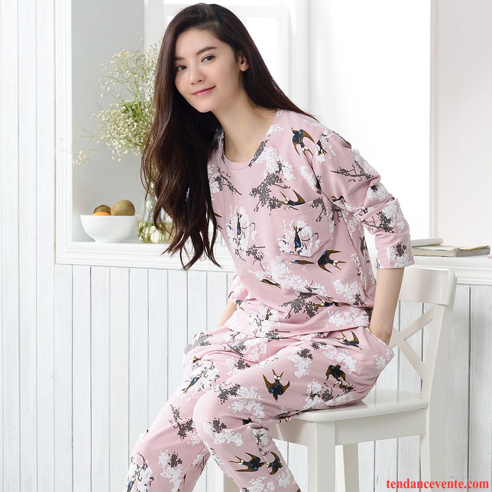 Pyjamas Femme Elastique Taille Outwear Coton Bio Ensemble Matelassé Pantalon Longues Décontractée L'automne Femme Mode Pas Cher