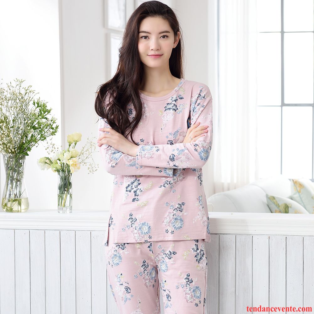 Pyjamas Femme Elastique Taille Outwear Coton Bio Ensemble Matelassé Pantalon Longues Décontractée L'automne Femme Mode Pas Cher