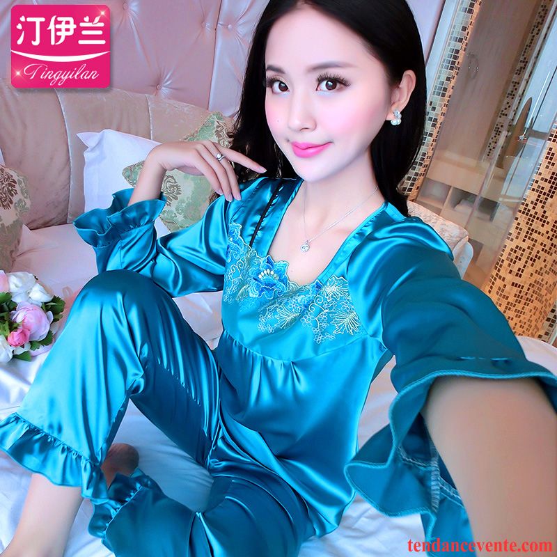 Pyjamas Femme Fluide Sexy Femme L'automne Taillissime Soie Broderie Printemps Été Longues Légère Ensemble Deux-pièces Marine