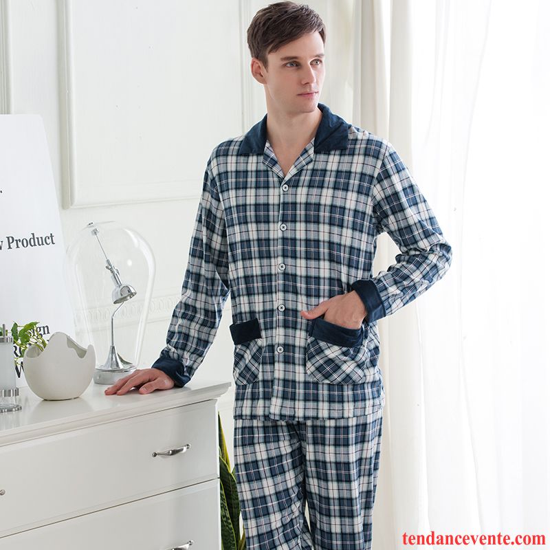 Pyjamas Homme Rouge Coton Bio Hiver Ensemble Longues Cardigan Homme L'automne En Maille Matelassé Pantalon