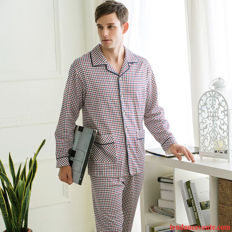 Pyjamas Homme Rouge Coton Bio Hiver Ensemble Longues Cardigan Homme L'automne En Maille Matelassé Pantalon