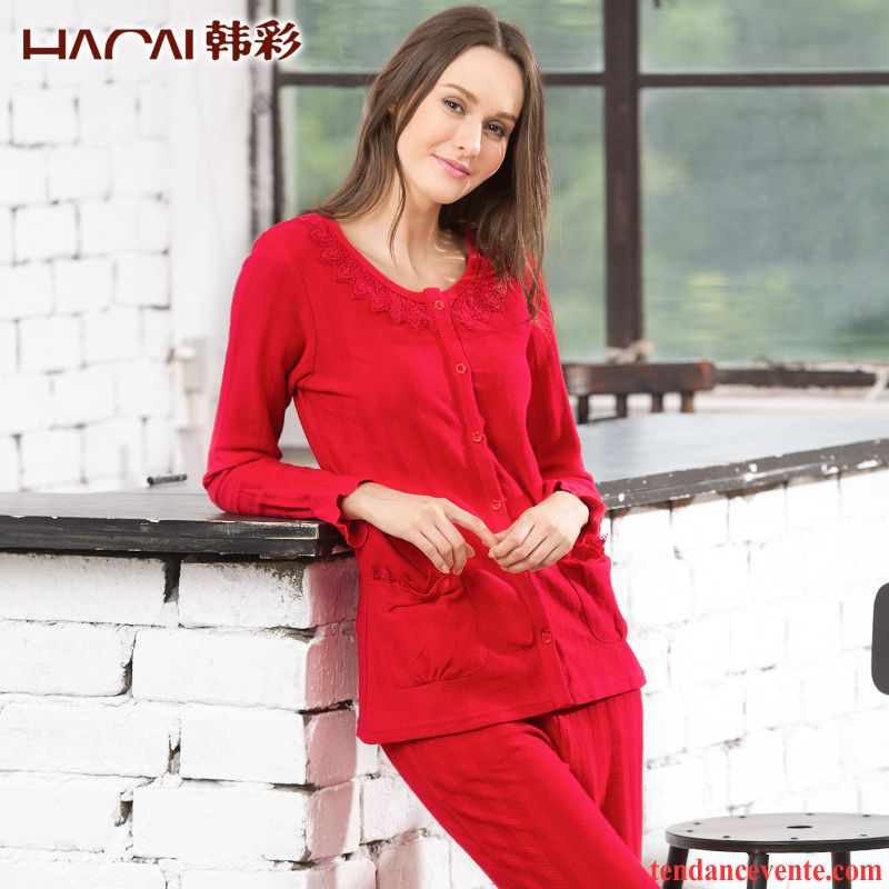 Pyjamas Laine Femme Ensemble Dentelle Rouge Outwear Couleur Coton Bio Col Rond L'automne Longues Femme Hiver Cardigan Mariée Pas Cher