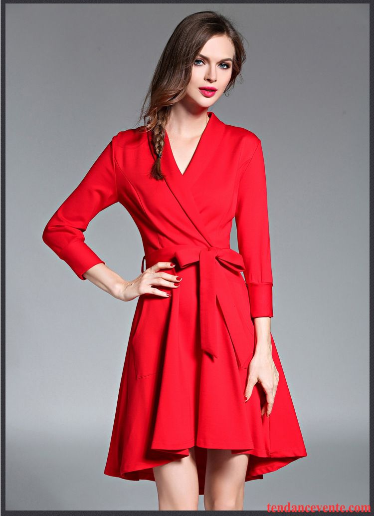 Robe Slim Automne Laçage Col En V Rome Femme Mode Robe Rouge Pas Cher