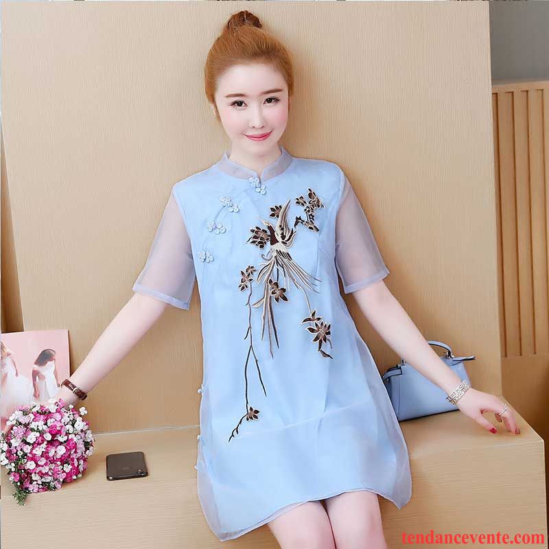 Robes Femme Matelassé Tempérament Robe Chinoise Été Bleu