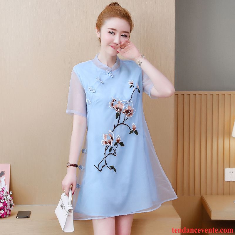 Robes Femme Matelassé Tempérament Robe Chinoise Été Bleu