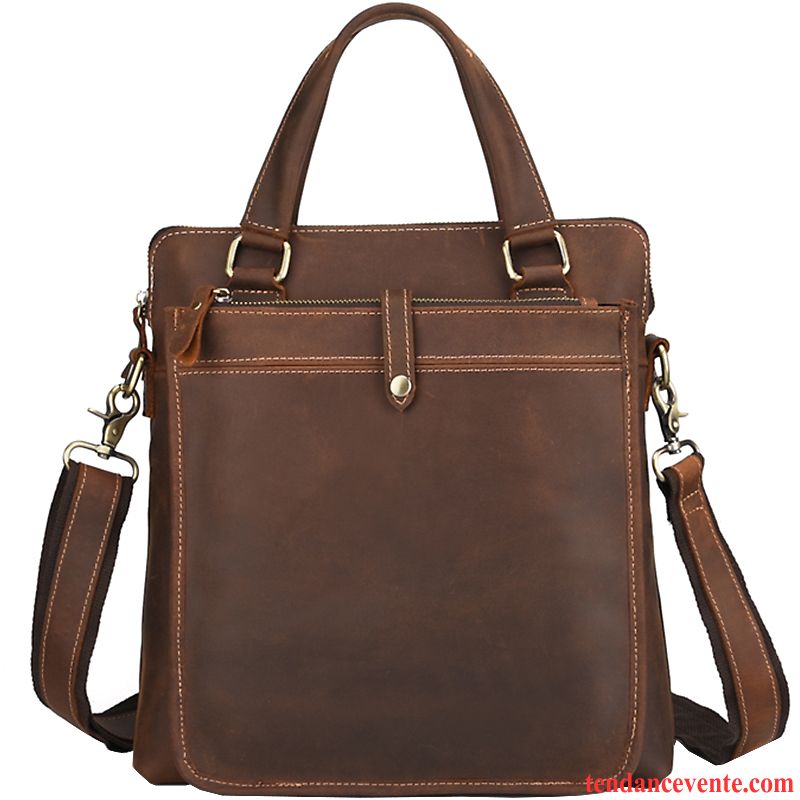 Sac À Bandoulière Homme Cuir De Vache Section Verticale Sac À Main Sac De Messager Mallette Cuir Véritable Marron