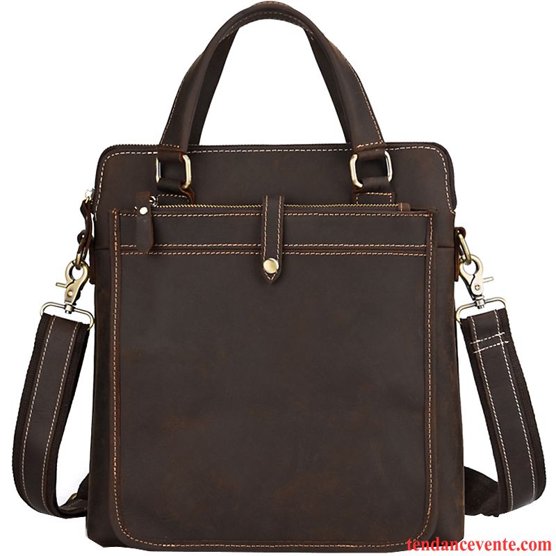 Sac À Bandoulière Homme Cuir De Vache Section Verticale Sac À Main Sac De Messager Mallette Cuir Véritable Marron