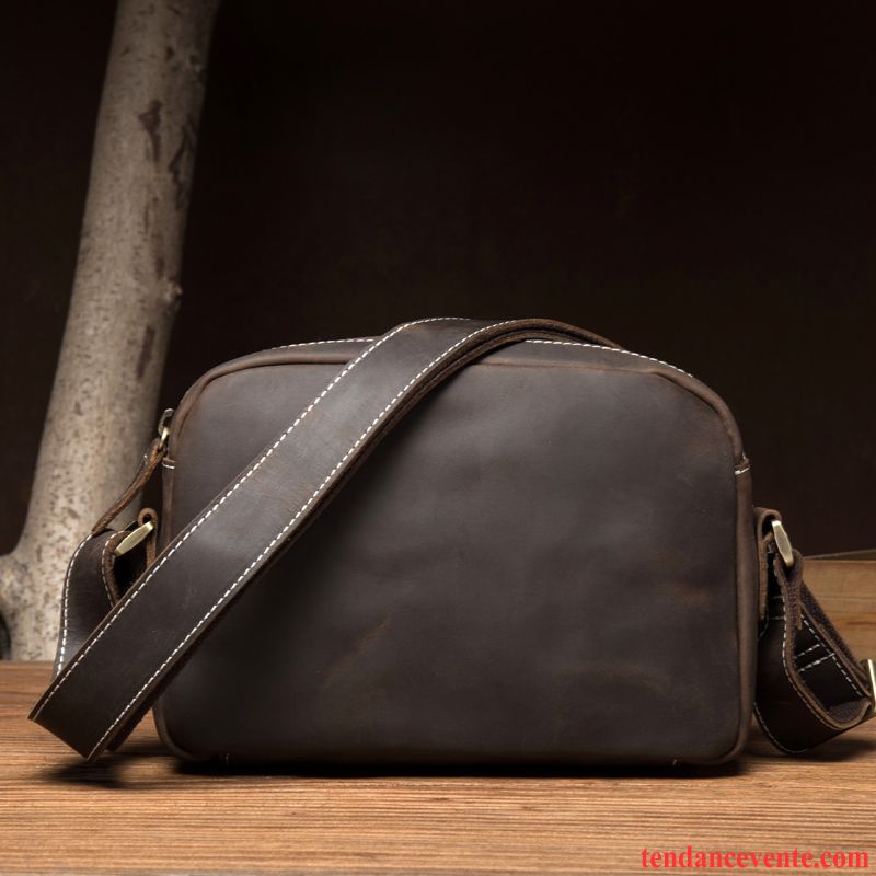 Sac À Bandoulière Homme Cuir Véritable Sac De Messager Manuel Couche De Tête Rétro Simple Marron Foncé