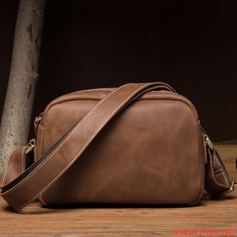 Sac À Bandoulière Homme Cuir Véritable Sac De Messager Manuel Couche De Tête Rétro Simple Marron Foncé