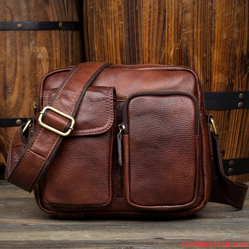 Sac À Bandoulière Homme Loisir Cuir De Vache Sac De Messager Couche De Tête De Plein Air Cuir Véritable Marron