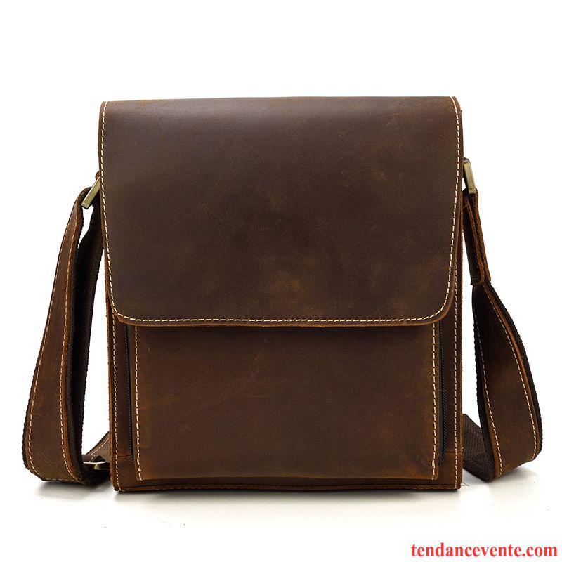 Sac À Bandoulière Homme Rétro Sac De Messager Europe Cuir Véritable Cuir De Vache Couche De Tête Marron Foncé