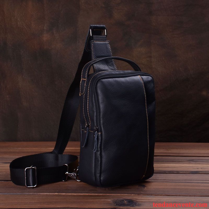 Sac À Bandoulière Homme Sport Sac Poitrine Sac De Messager Cuir De Vache Loisir Cuir Véritable Noir