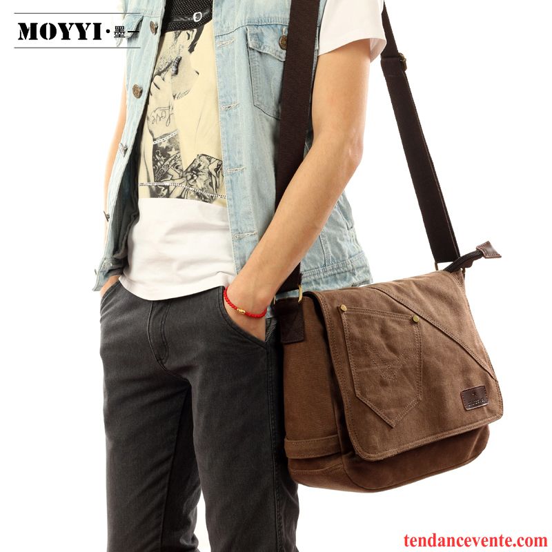 Sac À Bandoulière Homme Tendance Britanique Rétro Loisir Sac Poitrine Toile Noir