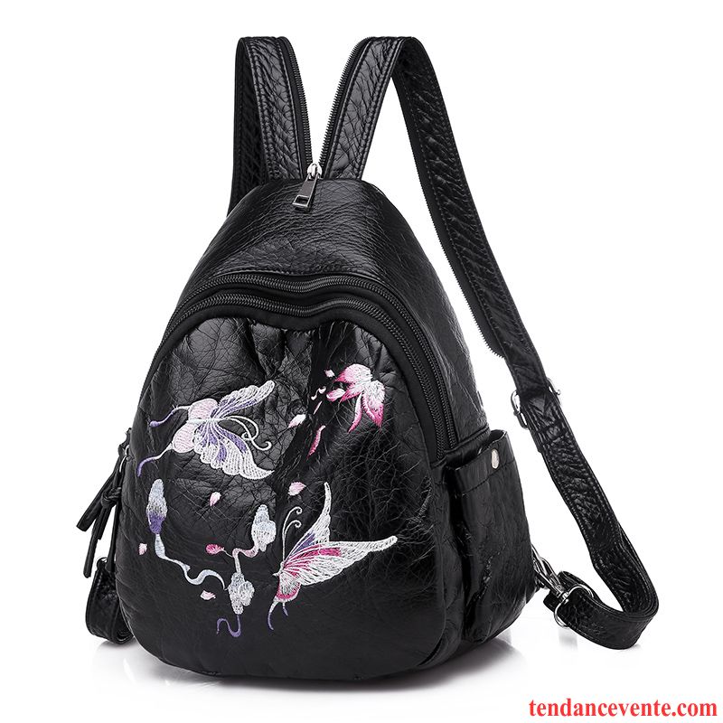 Sac À Dos Femme Le Nouveau Grande Capacité Brodé Papillon Mode Cuir Véritable Noir