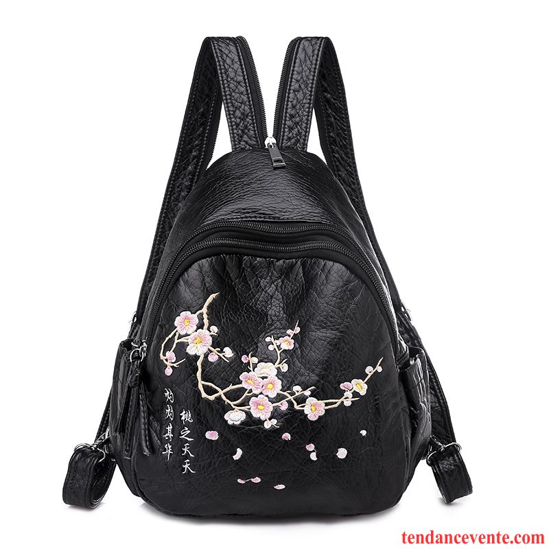 Sac À Dos Femme Le Nouveau Grande Capacité Brodé Papillon Mode Cuir Véritable Noir