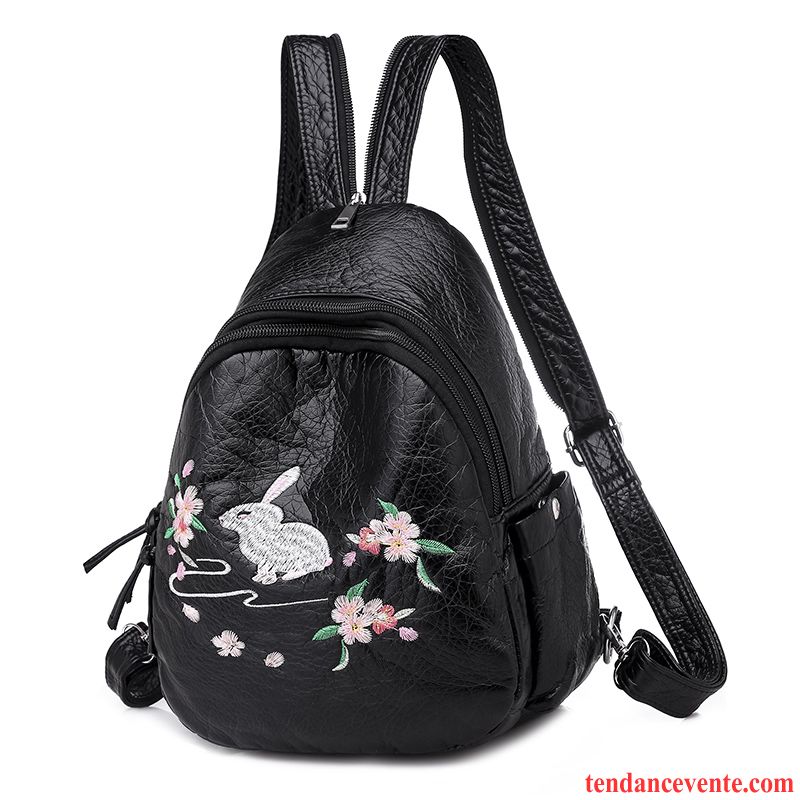 Sac À Dos Femme Le Nouveau Grande Capacité Brodé Papillon Mode Cuir Véritable Noir