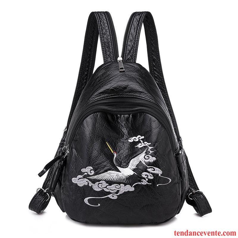 Sac À Dos Femme Le Nouveau Grande Capacité Brodé Papillon Mode Cuir Véritable Noir