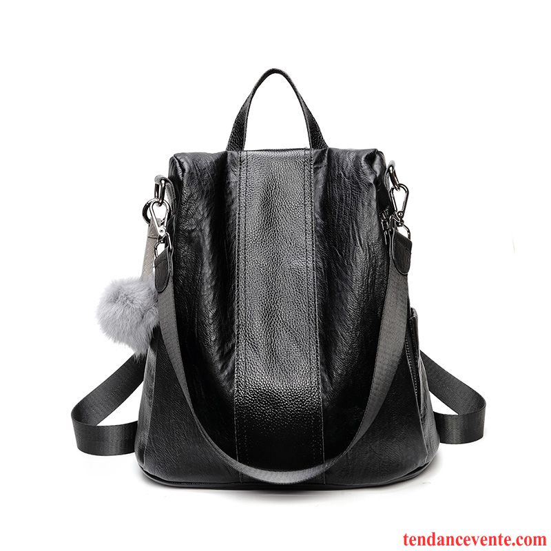 Sac À Dos Femme Peau Douce Tendance All-match Cuir De Vache Tourisme Loisir Noir