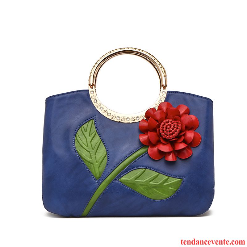 Sac À Main Femme Diamant Grande Capacité All-match Atmosphère Fleurs Portable Couleur De Contraste Bleu