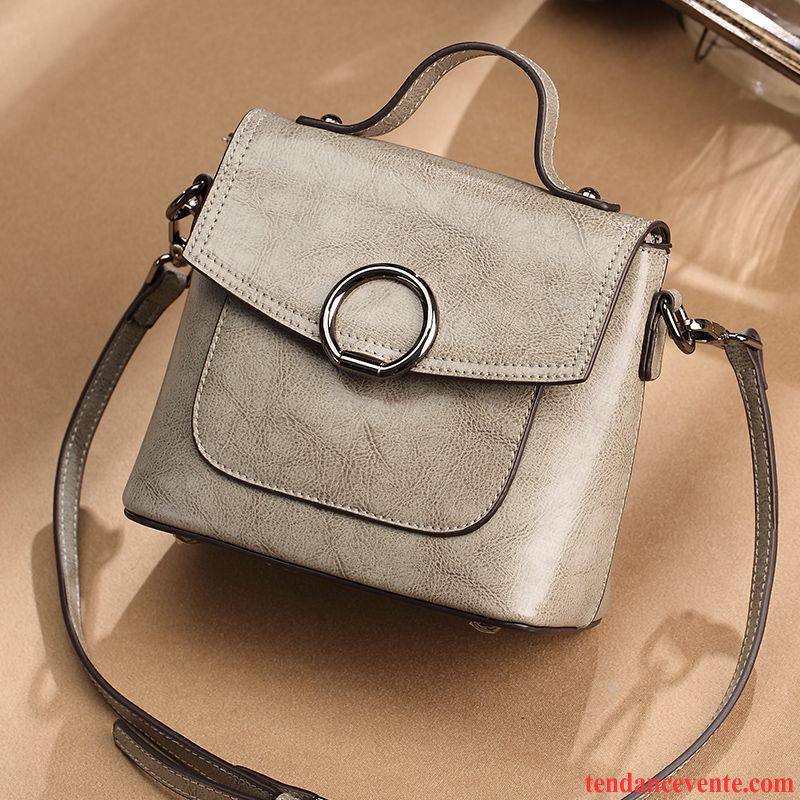 Sac À Main Femme Tendance Cuir De Vache Cuir Véritable Le Nouveau Rétro Cire D'huile Gris