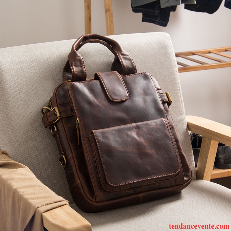 Sac À Main Homme Loisir Couche De Tête Section Verticale Cuir Le Nouveau Sac De Messager Foncé