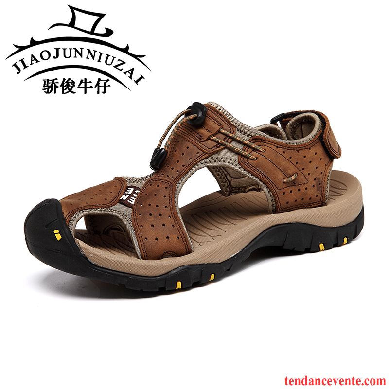 Sandales Cuir Homme Pas Cher Été Antidérapant Cuir Véritable Décontractée De Plein Air Sport Homme Plage Pas Cher