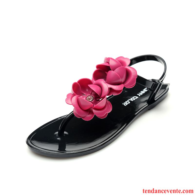 Sandales Femme Cuir Vente Plates Vacances Été Femme Fleurs Chaussons Plage Antidérapant Tomate