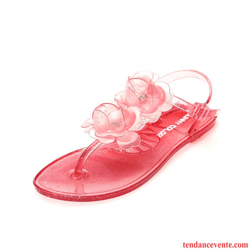 Sandales Femme Cuir Vente Plates Vacances Été Femme Fleurs Chaussons Plage Antidérapant Tomate