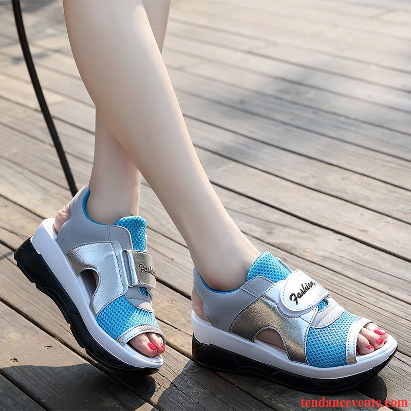 Sandales Femme Pas Cher Semelle Épaisse Tendance Étudiant Bleu Été Peep-orteil Wedges Sport Semelle Doux Femme Décontractée Bleu