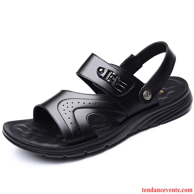 Sandales Homme Antidérapant Cuir Véritable Plage Chaussons Semelle Doux Dessus Cuir Brun