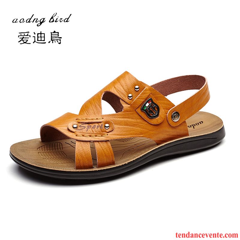 Sandales Homme Beige Pas Cher Chaussons Plage Été Homme Jeunesse En Cuir Décontractée Tendance