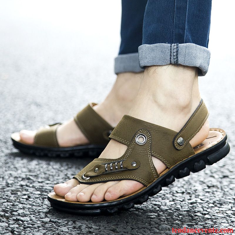 Sandales Homme Cuir Vente En Cuir Tendance Plates Été Homme Chaussons Antidérapant Décontractée Plage