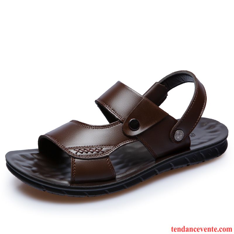 Sandales Homme Cuir Véritable Semelle Doux Été Chaussons Plage Décontractée Noir